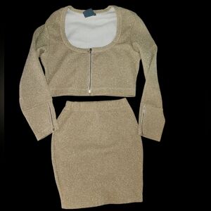 Algorquns Sparkle Stretch Two-Piece Crop Top & Skirt Set in Champagne Gold
